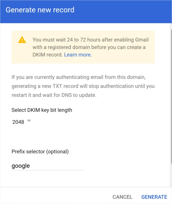 หน้าจอ Generate new record สำหรับสร้าง DKIM key ใน Google Workspace Admin Console