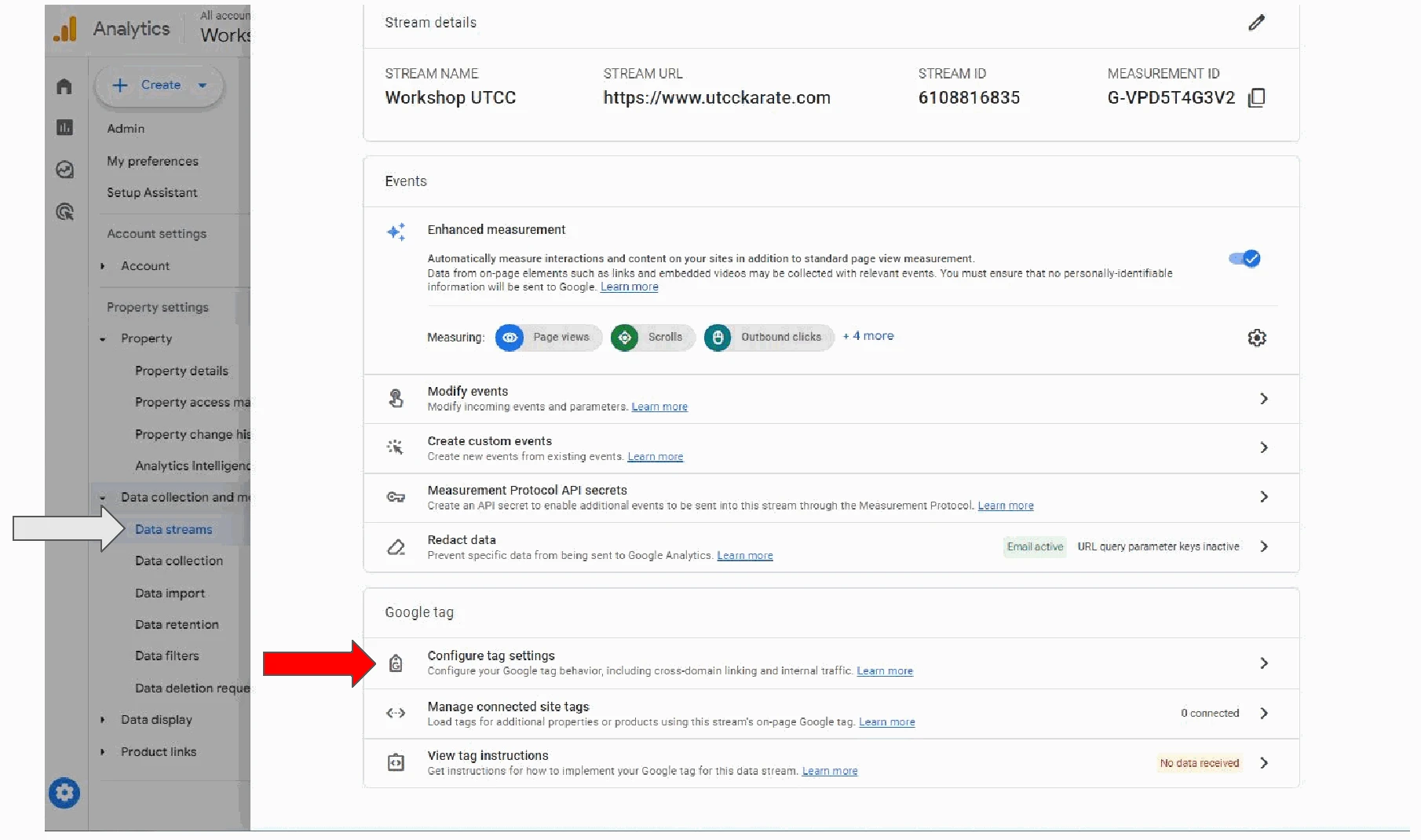การเข้าสู่หน้า Data Stream Details และเมนู Configure tag settings ใน GA4
